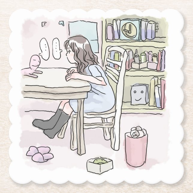 POSAVASOS DE PAPEL さいくさじ　お部屋で机に向かう (Anverso)