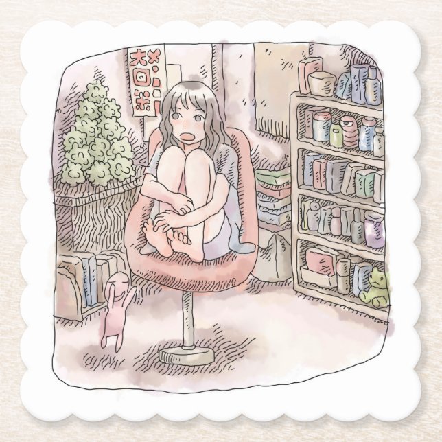 POSAVASOS DE PAPEL さなにくじ  本棚のある部屋、赤い椅子の上に座って身体を丸める女性のイラスト (Anverso)