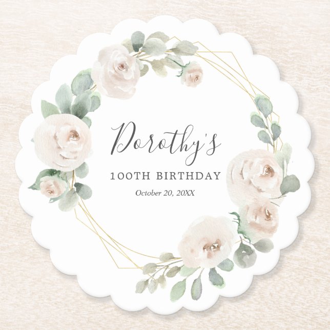 Posavasos De Papel 100.ª fiesta de cumpleaños Personalizado Floral Ro (Anverso)
