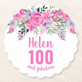 Posavasos De Papel 100 cumpleaños nombre de escritura floral rosa