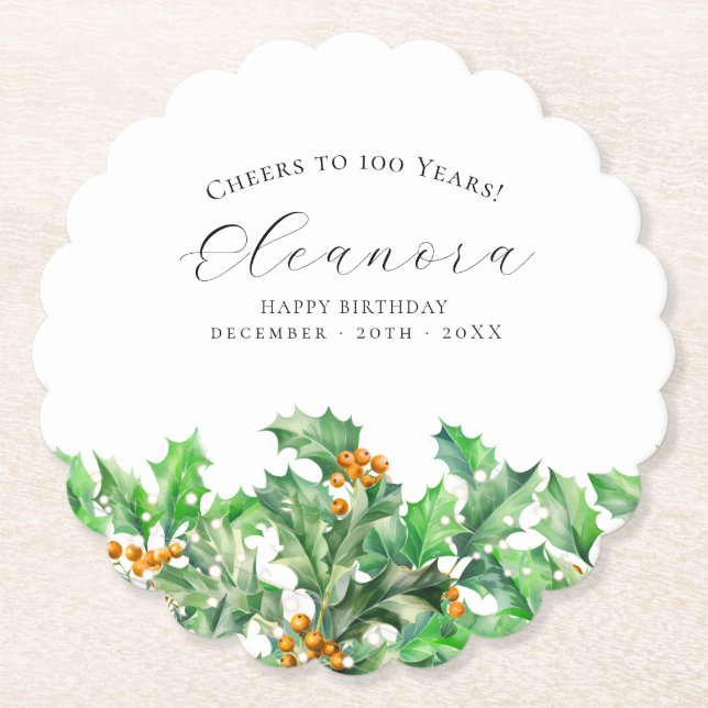 Posavasos De Papel 100th Birthday December Birth Flower Holly Custom (Anverso)