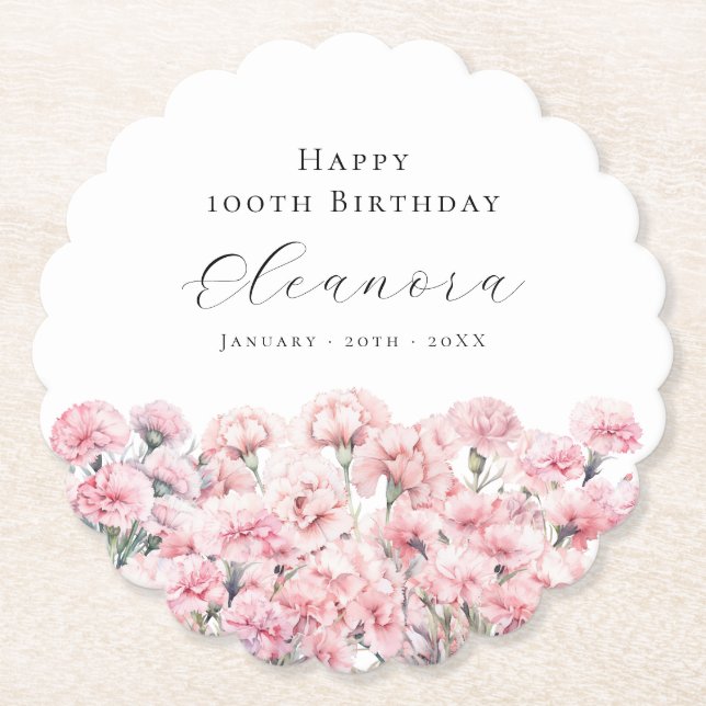 Posavasos De Papel 100th Birthday Pink Carnation January Birth Flower (Anverso)