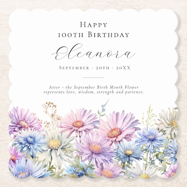 Posavasos De Papel 100th Birthday September Birth Flower Custom (Anverso)
