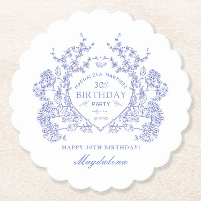 Posavasos De Papel 30.º cumpleaños Personalizado Escudo Floral Azul f (Anverso)