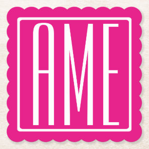 Posavasos De Papel 3 Iniciales Monograma Blanco Sobre Rosa Caliente