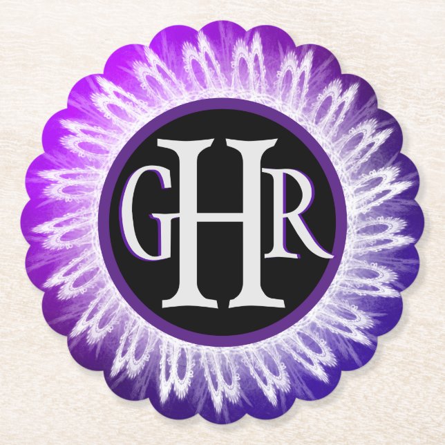 Posavasos De Papel 3 letras Monogramadas Metallic Púrpura Lace Blanco (Anverso)
