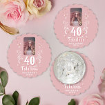 Posavasos De Papel 40 y fabuloso follaje rosa foto 40 cumpleaños<br><div class="desc">40 y Fabuloso Foliage Pink Photo 40th Birthday Fiesta Paper Coaster. 40 y texto fabuloso en escritura blanca a la moda con un nombre y follaje blanco en un fondo rosado. Personalízalo con tu foto,  tu nombre y la edad.</div>