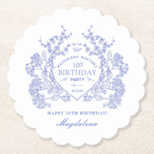 Posavasos De Papel 50.º cumpleaños Personalizado Escudo Floral Azul f