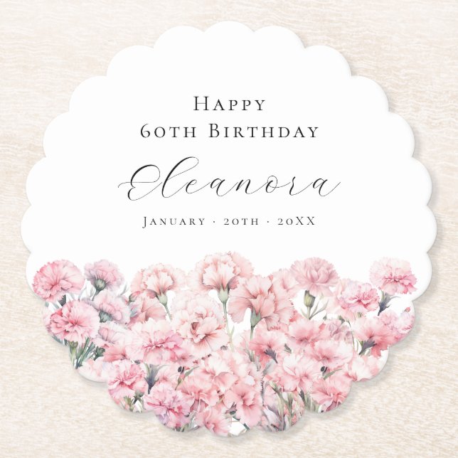 Posavasos De Papel 60th Birthday Pink Carnation January Birth Flower (Anverso)