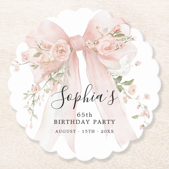Posavasos De Papel 65th Birthday Party Pink Bow with Roses (Anverso)