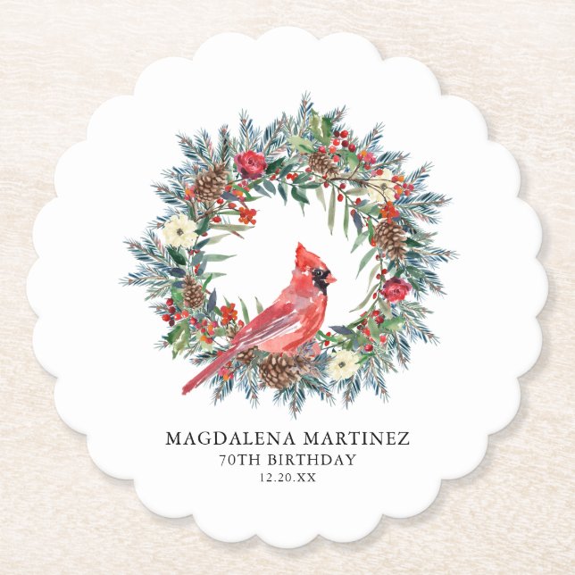 Posavasos De Papel 70th Birthday Party Red Cardinal Wreath Custom (Anverso)