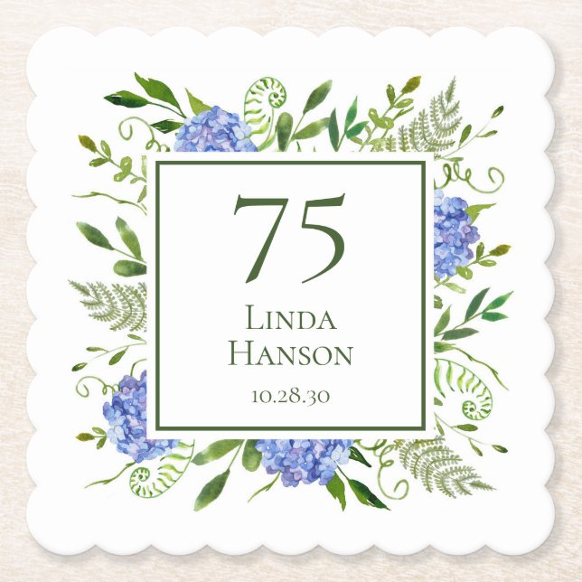 Posavasos De Papel 75.º cumpleaños Hidráneas Azules (Anverso)