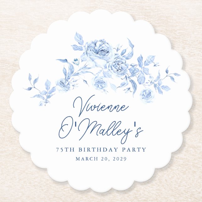 Posavasos De Papel 75th Birthday Party Blue Rose Floral Custom (Anverso)
