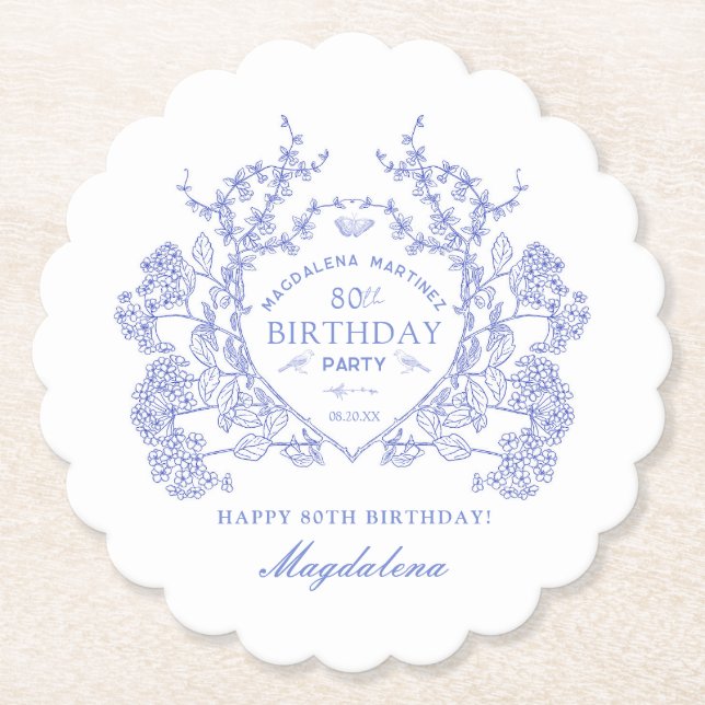 Posavasos De Papel 80.º cumpleaños Personalizado Escudo Floral Azul f (Anverso)