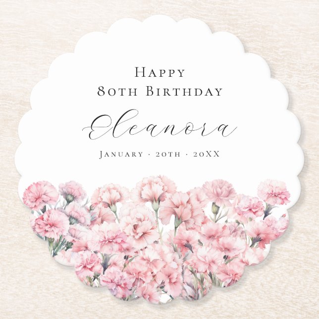 Posavasos De Papel 80th Birthday Pink Carnation January Birth Flower (Anverso)