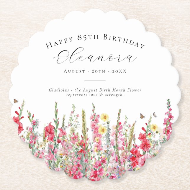 Posavasos De Papel 85 Agosto Cumpleaños Personalizado de Flor de Naci (Anverso)