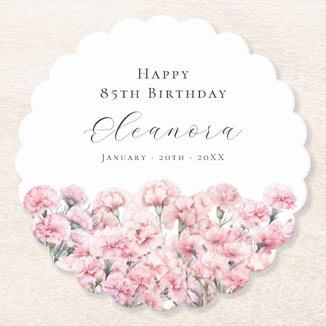 Posavasos De Papel 85th Birthday Pink Carnation January Birth Flower (Anverso)