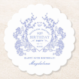 Posavasos De Papel 90.º cumpleaños Personalizado Escudo Floral Azul f