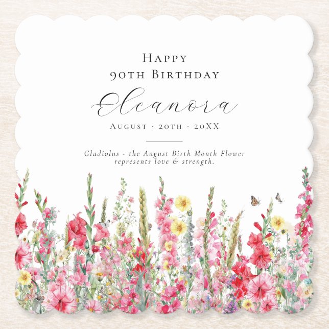 Posavasos De Papel 90 Agosto Cumpleaños Personalizado de Flor de Naci (Anverso)