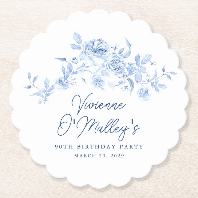 Posavasos De Papel 90th Birthday Party Blue Rose Floral Custom (Anverso)