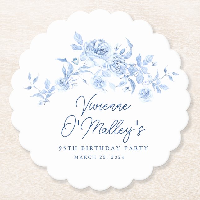 Posavasos De Papel 95th Birthday Party Blue Rose Floral Custom (Anverso)
