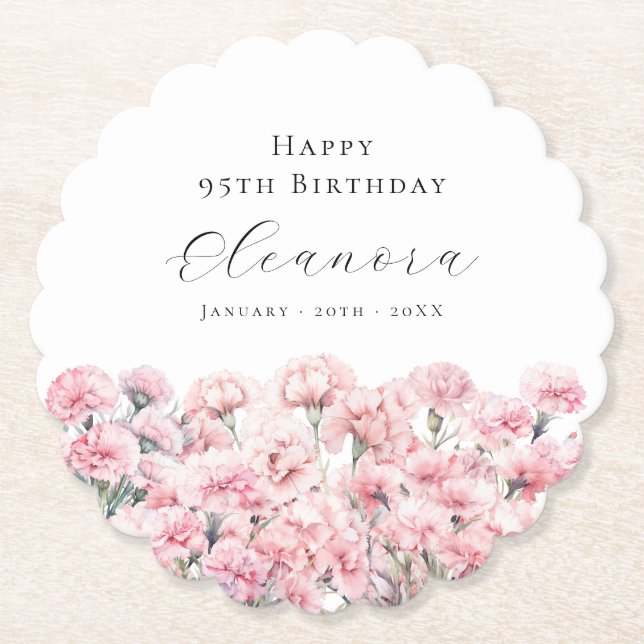 Posavasos De Papel 95th Birthday Pink Carnation January Birth Flower (Anverso)