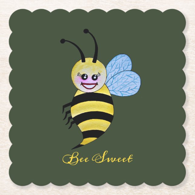 Posavasos De Papel Abeja Cuidada De Acuarela Con Sonrisa Feliz (Anverso)