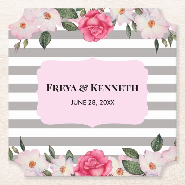 Posavasos De Papel Acuarela Boda floral de rosas blancas rosadas suav (Anverso)