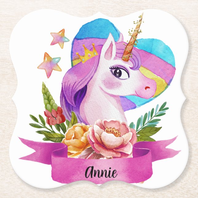 Posavasos De Papel Acuarela Cute Unicorn Nombre personalizado (Anverso)