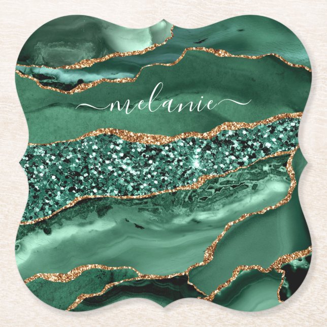 Posavasos De Papel Agate Green Gold Purpurina Geode Marble Custom Nam (Anverso)