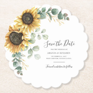 Posavasos De Papel Aguamarina de Girasoles en Acuarela Save The Date