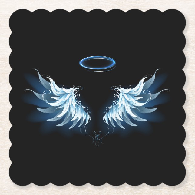 Posavasos De Papel Alas del Ángel Azul brillante sobre fondo negro (Anverso)