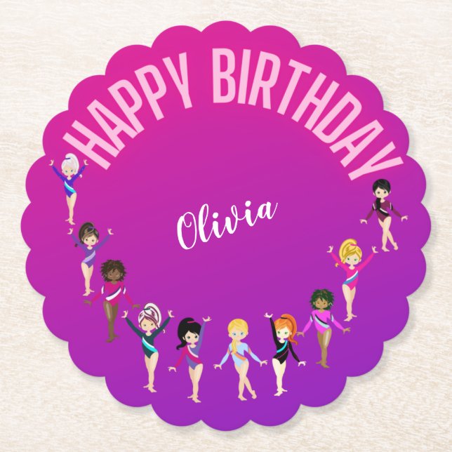 Posavasos De Papel Amigos de gimnasia "Feliz cumpleaños" morado rosad (Anverso)