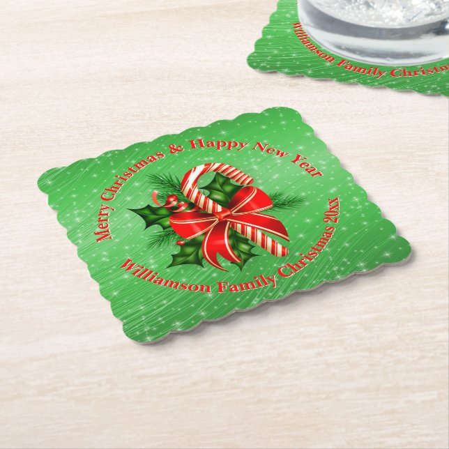 Posavasos De Papel Añadir nombre cambiar texto Navidades verdes rojos (En perspectiva)