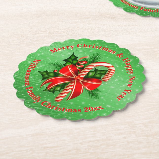 Posavasos De Papel Añadir nombre cambiar texto Navidades verdes rojos (En perspectiva)