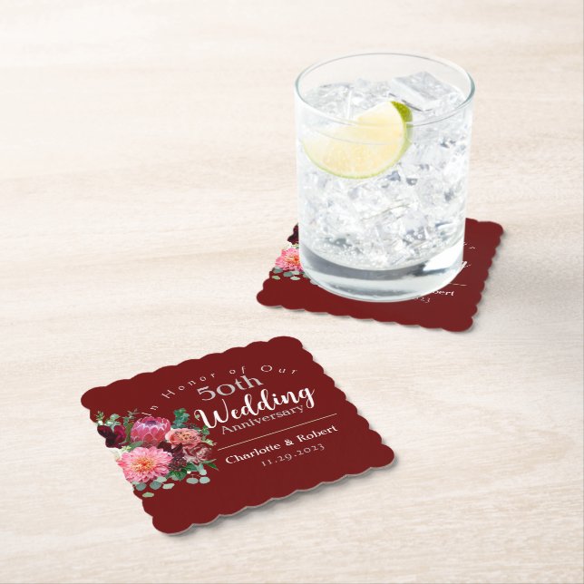 Posavasos De Papel Aniversario Boda de Parejas Rojas 50 Personalizada (In situ)