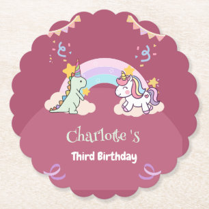 Posavasos De Papel Aniversario del globo de arco iris de la dinosauri