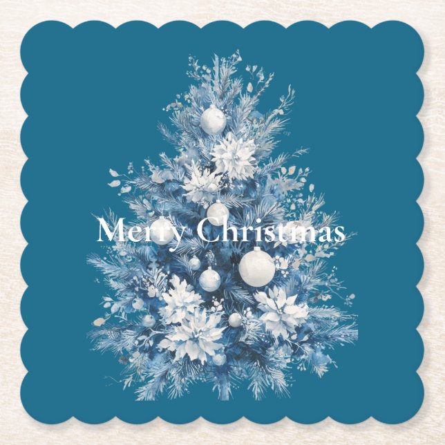 Posavasos De Papel Árbol azul de Navidad blanco (Anverso)