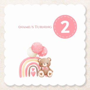Posavasos De Papel Arcoiris rosado de segundo cumpleaños, peluche y g
