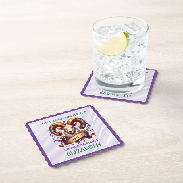 Posavasos De Papel Aries Zodiac Baby Shower Lavender and Green (In situ)