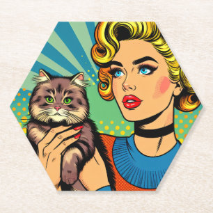 Posavasos De Papel Arte Pop Mujeres Dibujos Animados Sosteniendo Gato
