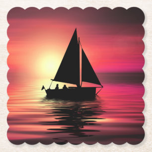 Posavasos De Papel Atardecer, barco, mar con fondo Naranja