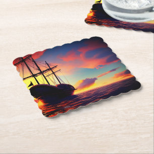 Posavasos De Papel Atardecer dramático de un barco de vela