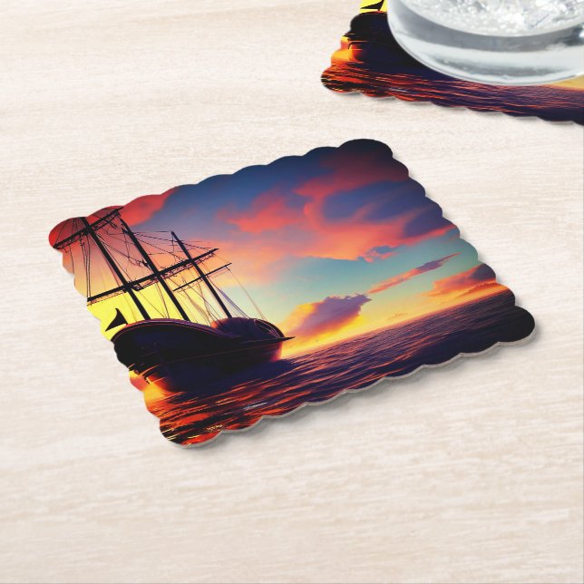 Posavasos De Papel Atardecer dramático de un barco de vela (En perspectiva)