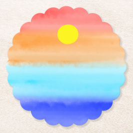 Posavasos De Papel Atardecer sobre la acuarela oceánica Resumen arte