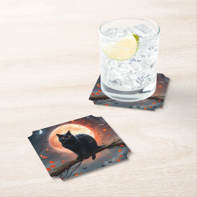 Posavasos De Papel Aterrador Halloween Black Cat Moonlight, (In situ)