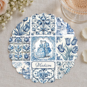 Posavasos De Papel Azul chic blanco toile de jouy Muñecas y flores 