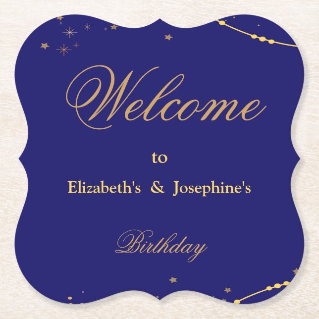 Posavasos De Papel Azul marino con estrellas de oro doble cumpleaños (Anverso)