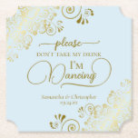 Posavasos De Papel Azul pálido y oro no te lleves mi Boda de bebida<br><div class="desc">¡Esta montaña rusa boda es elegante, elegante y divertida! Cuenta con un hermoso diseño color azul y dorado en polvo claro con letras de escritura modernas y delicados rizos dorados y remolinos en las esquinas. El texto dice "Por favor, no tomen mi bebida, estoy bailando" con espacio para los nombres...</div>