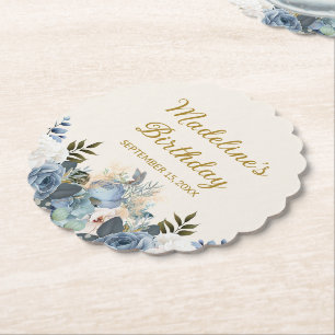 Posavasos De Papel Azul Polvoriento Blanco Floral Feliz Cumpleaños No
